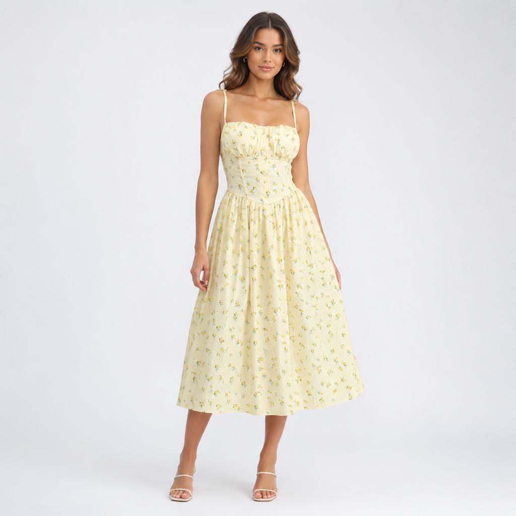 Liora Yellow Floral Midi Dress