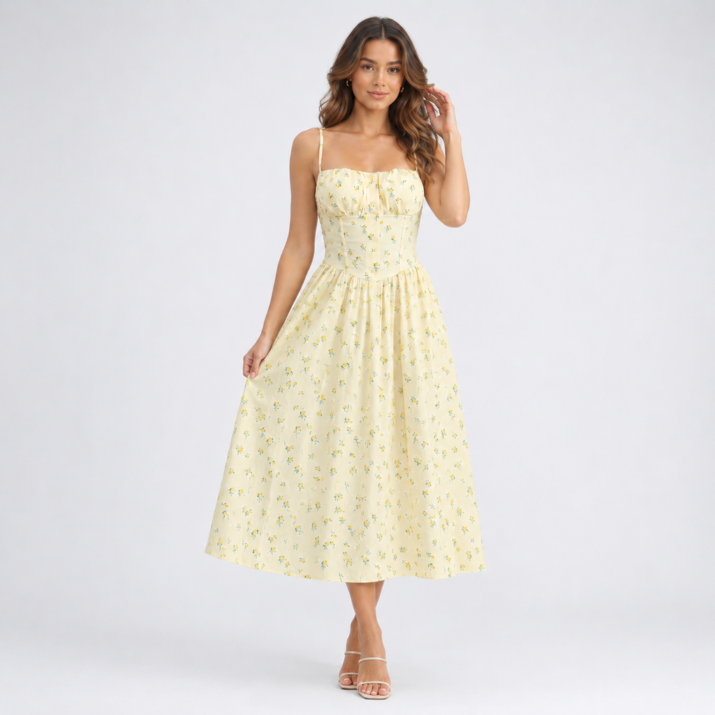 Liora Yellow Floral Midi Dress